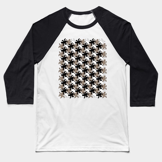 Black and White Reptile Escher Tesselation Baseball T-Shirt by Trapezio